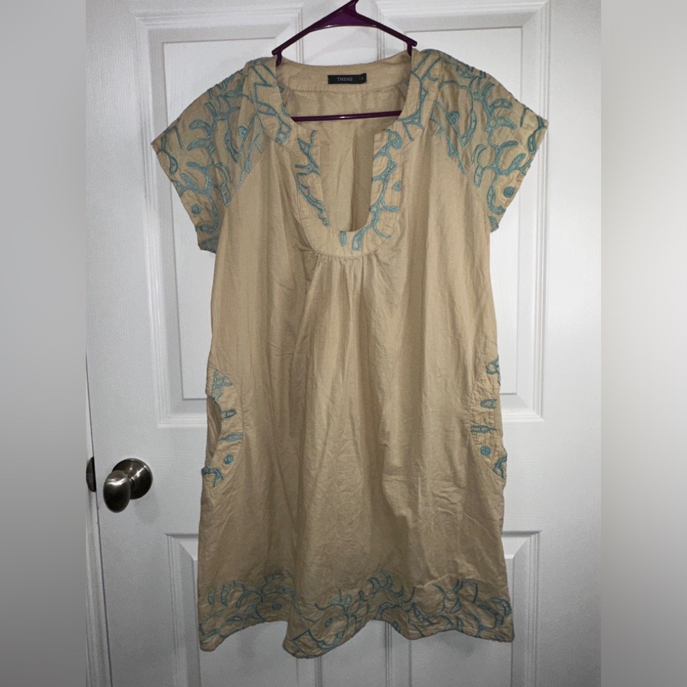 THEME Embroidered Beige and Blue Women's Top